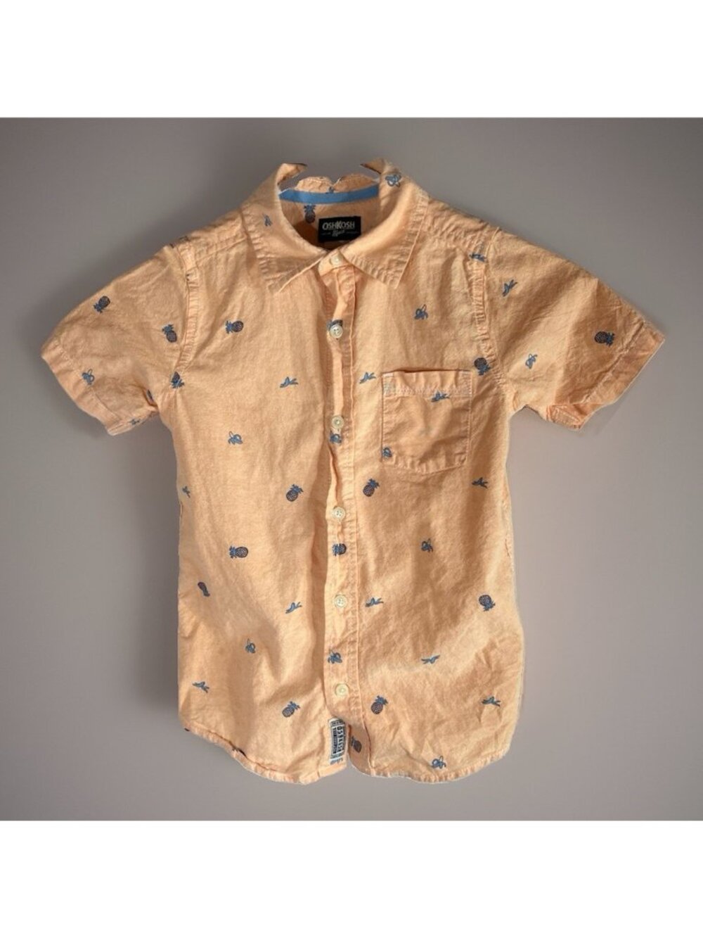 Oshkosh Boys Shirt Button Up Size 7 Orange Blue pineapple Banana Short Sleeve